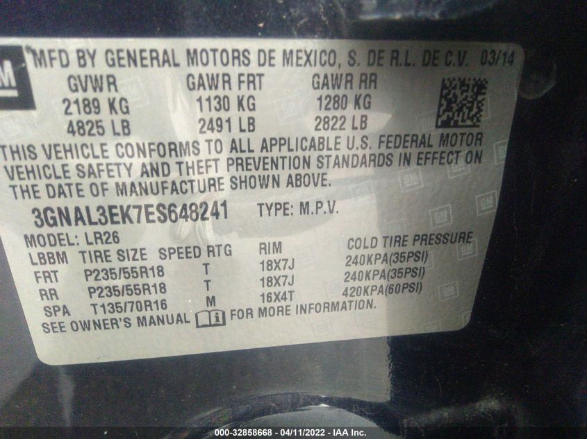 2014 CHEVROLET CAPTIVA SPORT FLEET LT 3GNAL3EK7ES648241