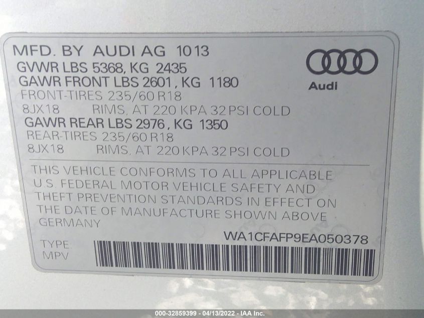 2014 AUDI Q5 PREMIUM WA1CFAFP9EA050378