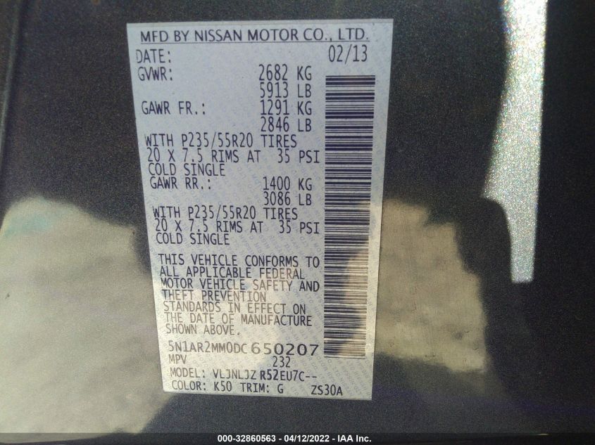 2013 NISSAN PATHFINDER PLATINUM 5N1AR2MM0DC650207
