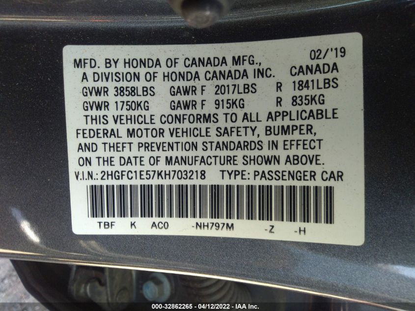 2019 HONDA CIVIC SI SEDAN 2HGFC1E57KH703218