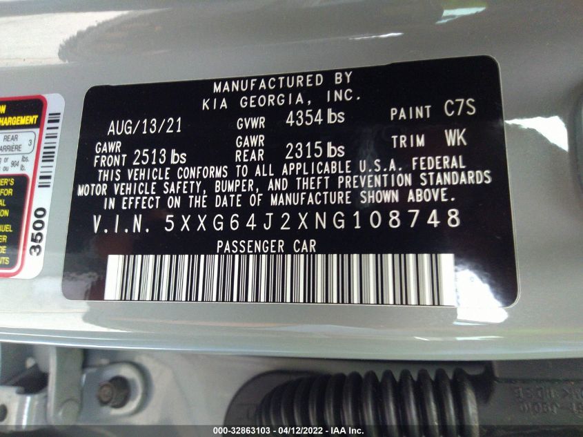 2022 KIA K5 GT-LINE 5XXG64J2XNG108748