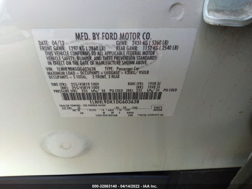 2013 LINCOLN MKS 1LNHL9DK1DG603638