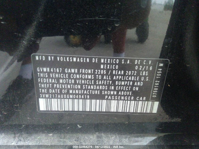 2016 VOLKSWAGEN GOLF TSI SE 3VW217AUXGM049419