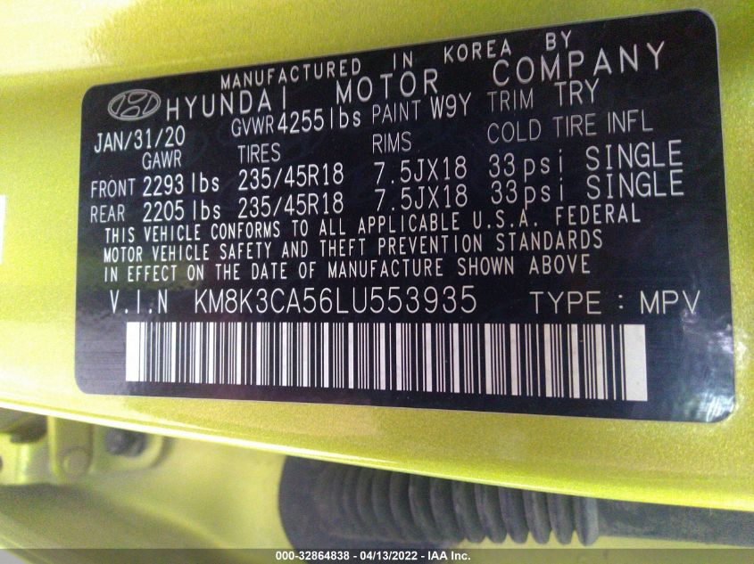 2020 HYUNDAI KONA LIMITED KM8K3CA56LU553935