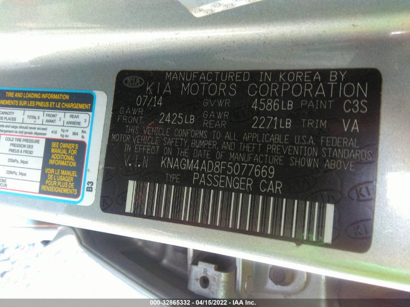 2015 KIA OPTIMA HYBRID KNAGM4AD8F5077669