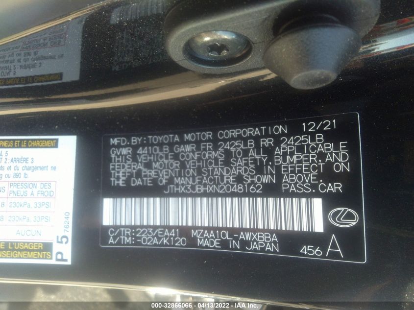 2022 LEXUS UX UX 200 JTHX3JBHXN2048162