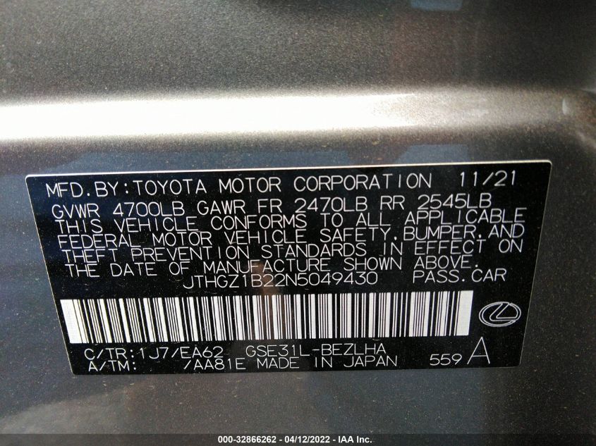2022 LEXUS IS IS 350 F SPORT JTHGZ1B22N5049430