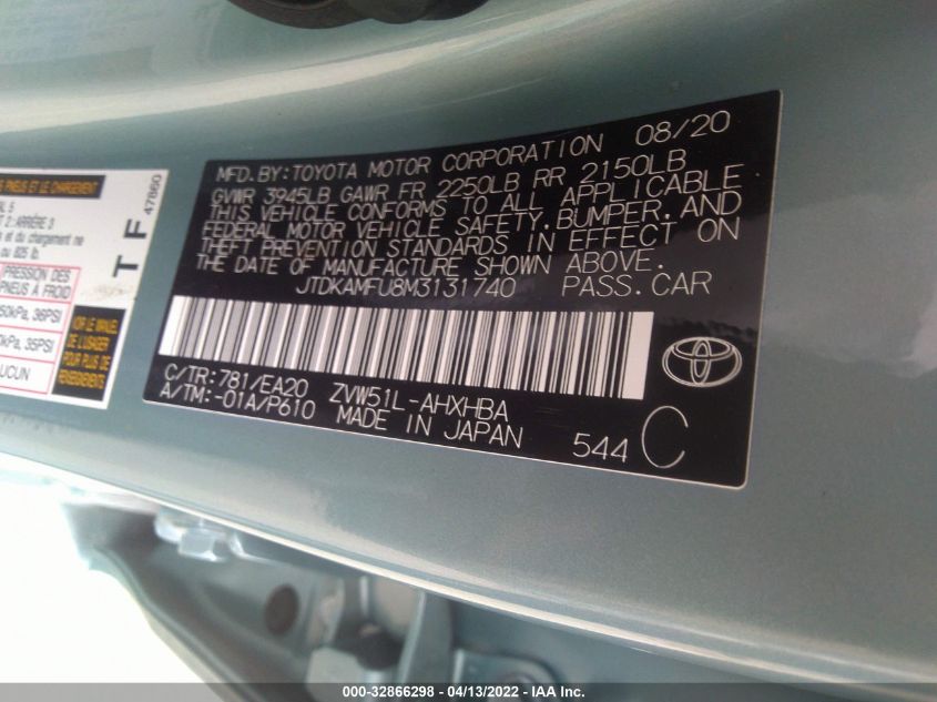 2021 TOYOTA PRIUS L JTDKAMFU8M3131740