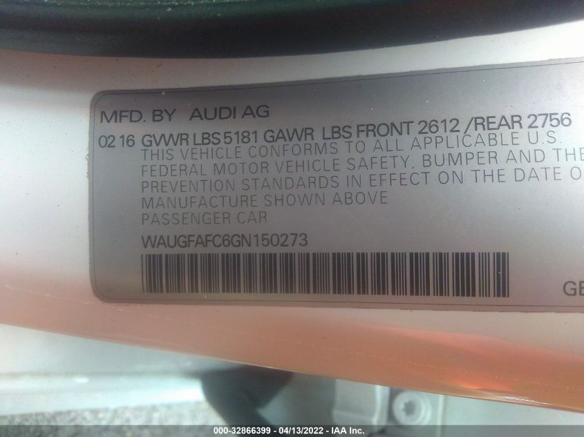 2016 AUDI A6 2.0T PREMIUM PLUS WAUGFAFC6GN150273