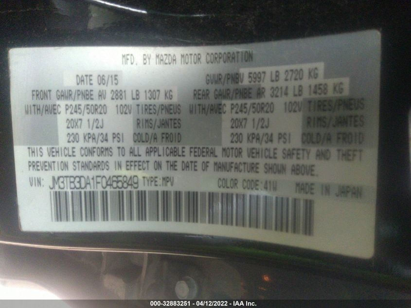 2015 MAZDA CX-9 GRAND TOURING JM3TB3DA1F0465849