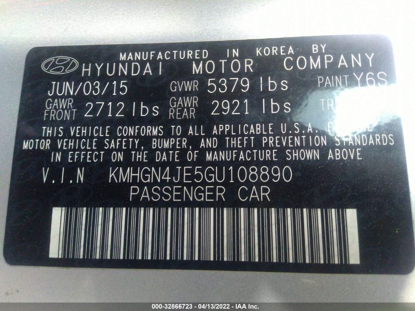 2016 HYUNDAI GENESIS 3.8L KMHGN4JE5GU108890