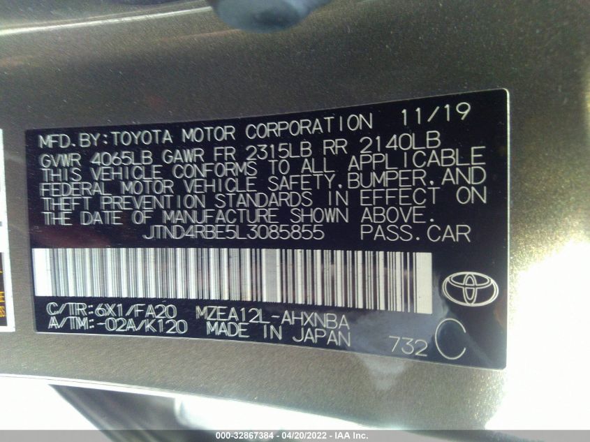 2020 TOYOTA COROLLA HATCHBACK SE/XSE/NIGHTSHADE JTND4RBE5L3085855