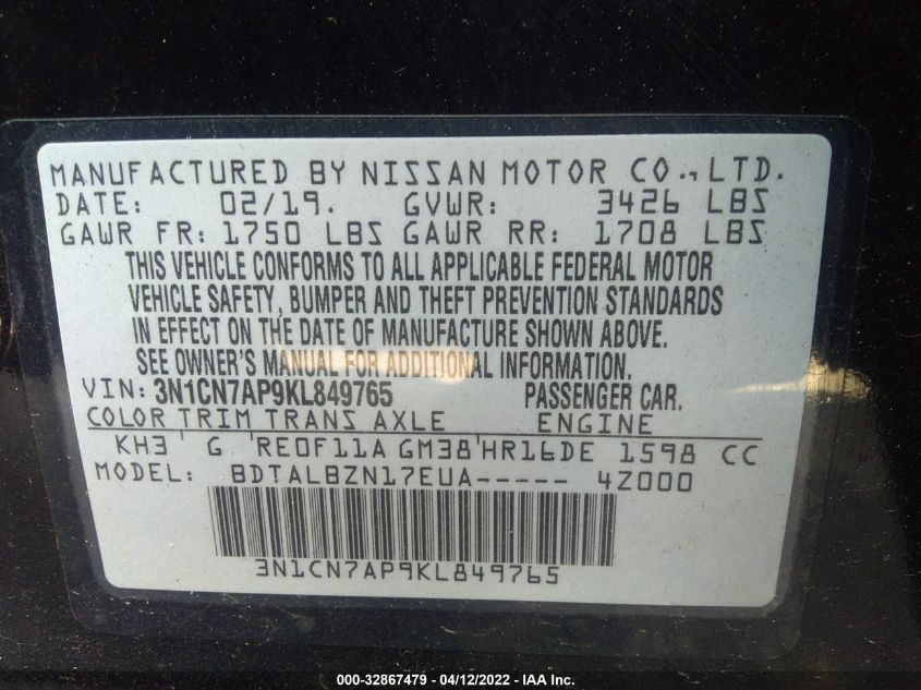 2019 NISSAN VERSA SEDAN SV 3N1CN7AP9KL849765