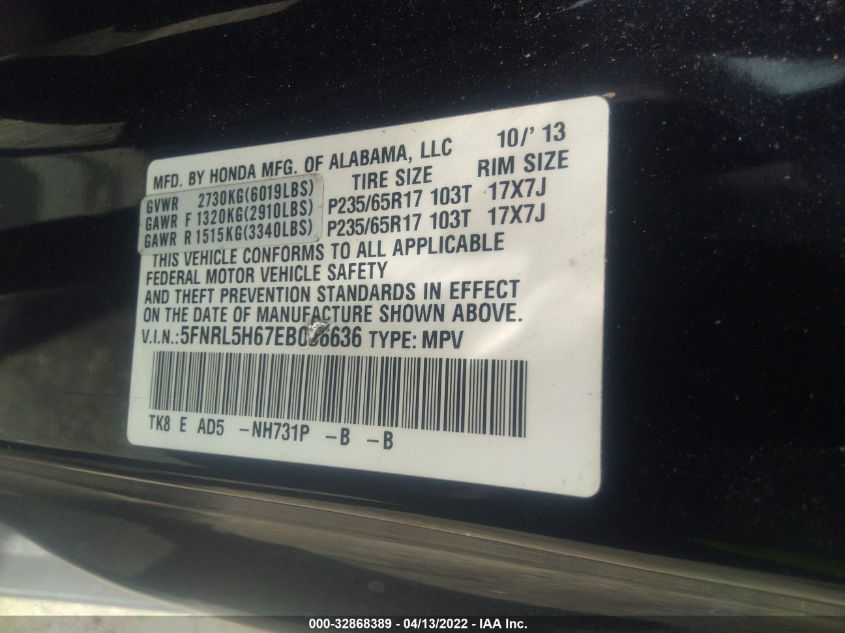 2014 HONDA ODYSSEY EX-L 5FNRL5H67EB036636
