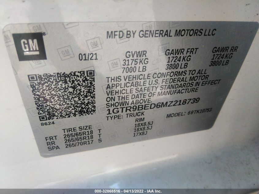 2021 GMC SIERRA 1500 SLE 1GTR9BED6MZ218739