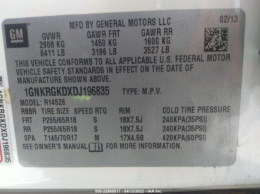 2013 CHEVROLET TRAVERSE LT 1GNKRGKDXDJ196835