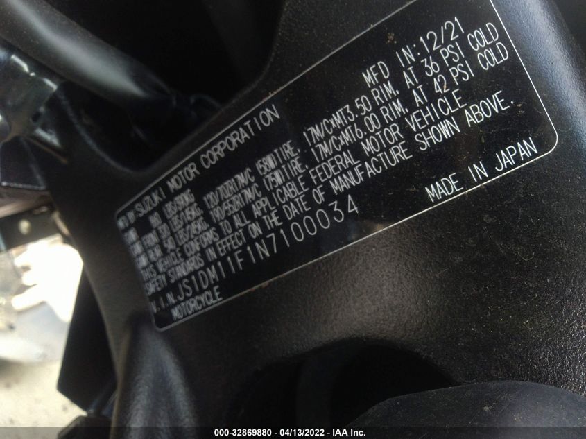 2022 SUZUKI GSX-R1000 JS1DM11F1N7100034