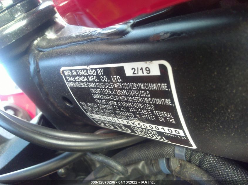 2019 HONDA CBR650 R MLHRH011XK5000100