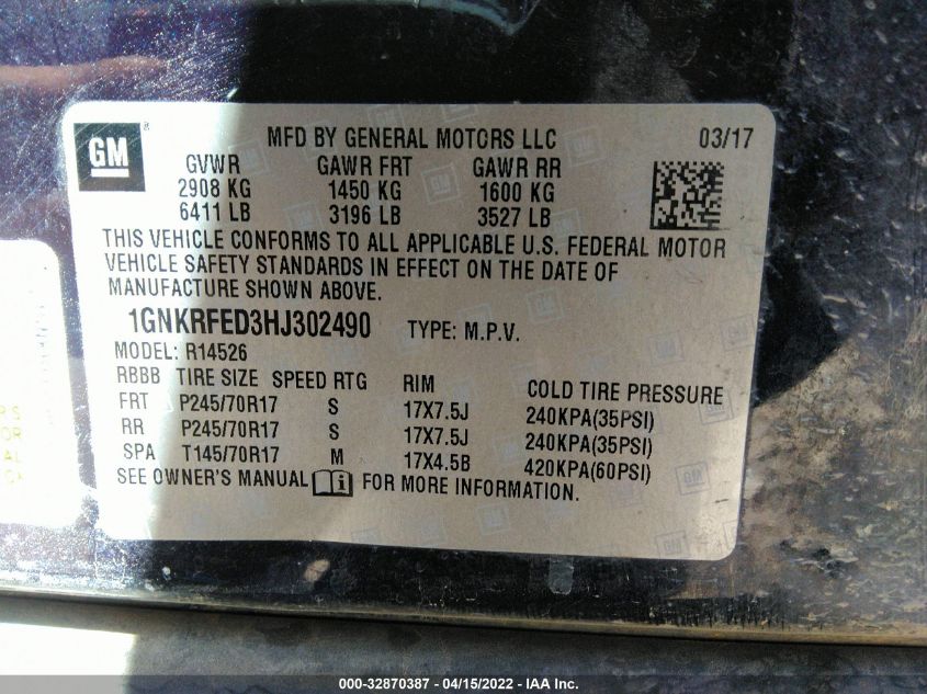 2017 CHEVROLET TRAVERSE LS 1GNKRFED3HJ302490