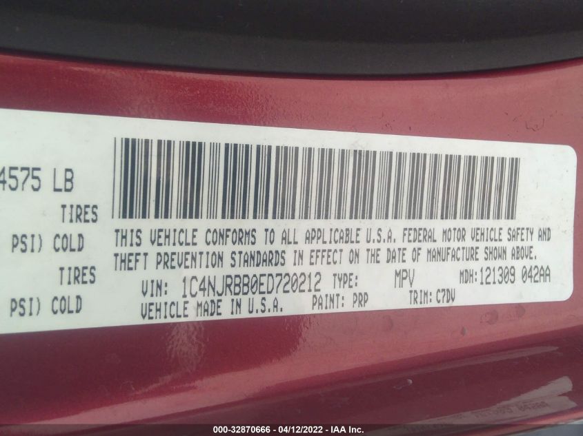 2014 JEEP PATRIOT SPORT 1C4NJRBB0ED720212