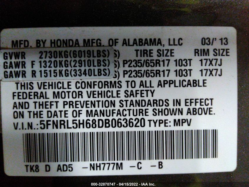 2013 HONDA ODYSSEY EX-L 5FNRL5H68DB063620