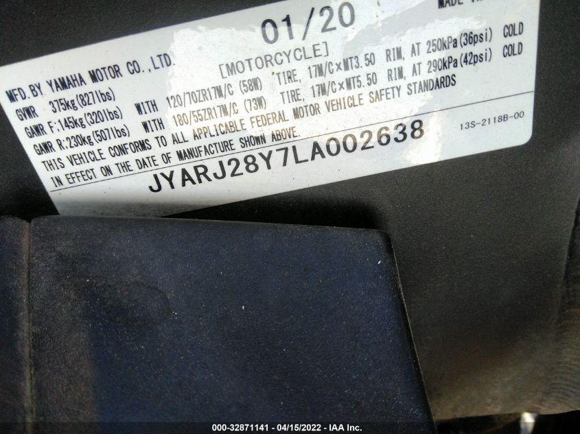 2020 YAMAHA YZFR6 C JYARJ28Y7LA002638