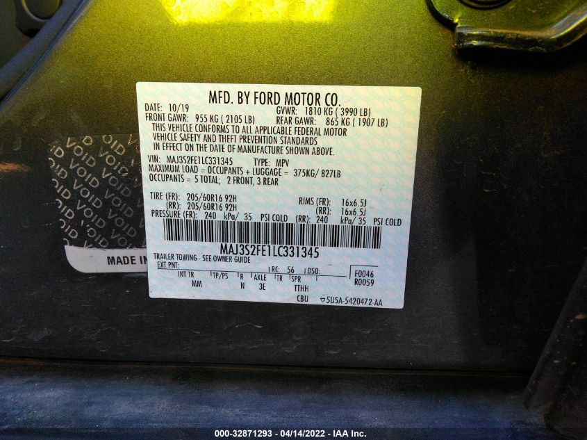 2020 FORD ECOSPORT S MAJ3S2FE1LC331345