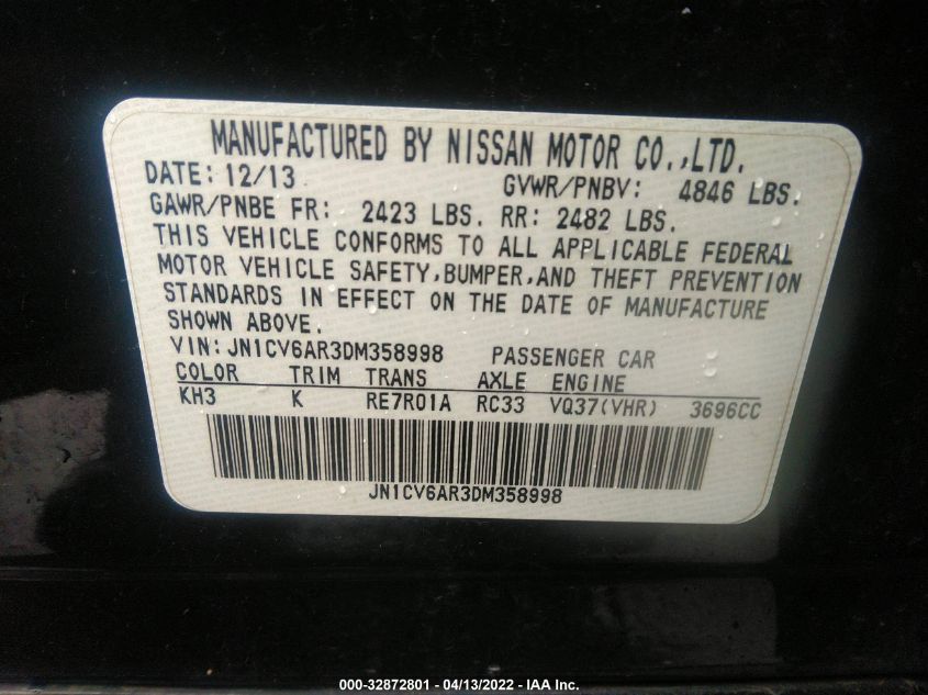 2013 INFINITI G37 SEDAN X JN1CV6AR3DM358998