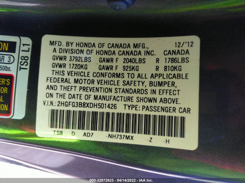 2013 HONDA CIVIC CPE EX 2HGFG3B8XDH501426