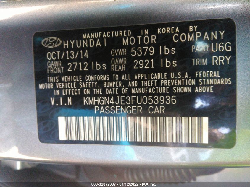 2015 HYUNDAI GENESIS 3.8L KMHGN4JE3FU053936