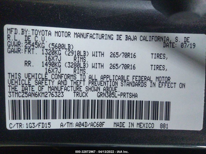 2019 TOYOTA TACOMA 4WD SR/SR5/TRD SPORT 3TMCZ5AN6KM276323