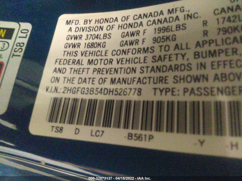 2013 HONDA CIVIC CPE LX 2HGFG3B54DH526778