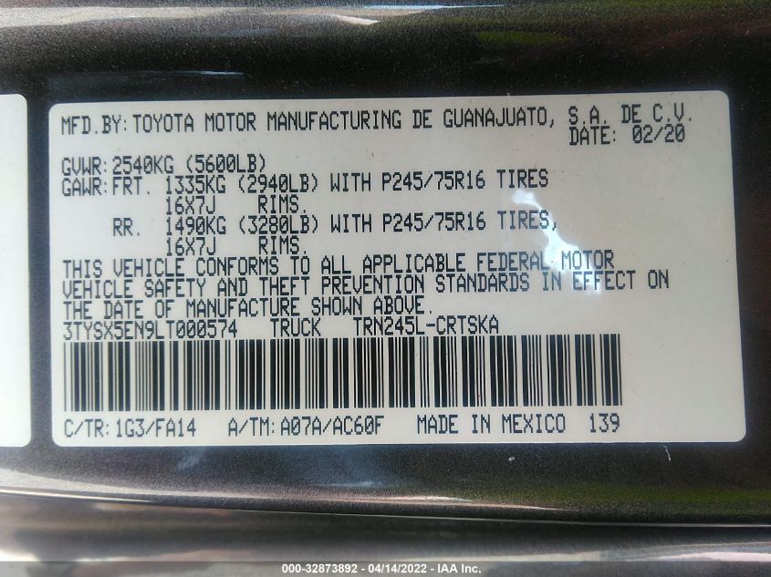 2020 TOYOTA TACOMA 4WD SR/SR5 3TYSX5EN9LT000574
