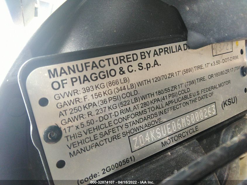 2021 APRILIA TUONO ZD4KSUE06MS000263