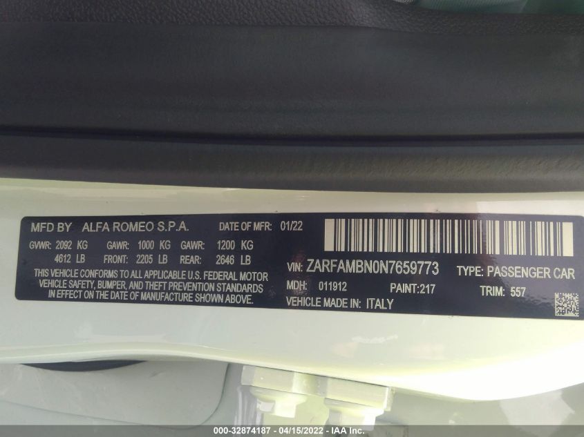 2022 ALFA ROMEO GIULIA VELOCE ZARFAMBN0N7659773