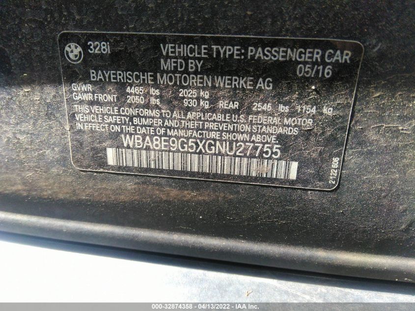 2016 BMW 3 SERIES 328I WBA8E9G5XGNU27755