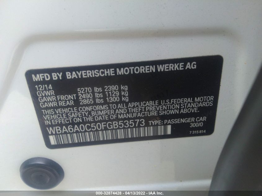 2015 BMW 6 SERIES 640I WBA6A0C50FGB53573