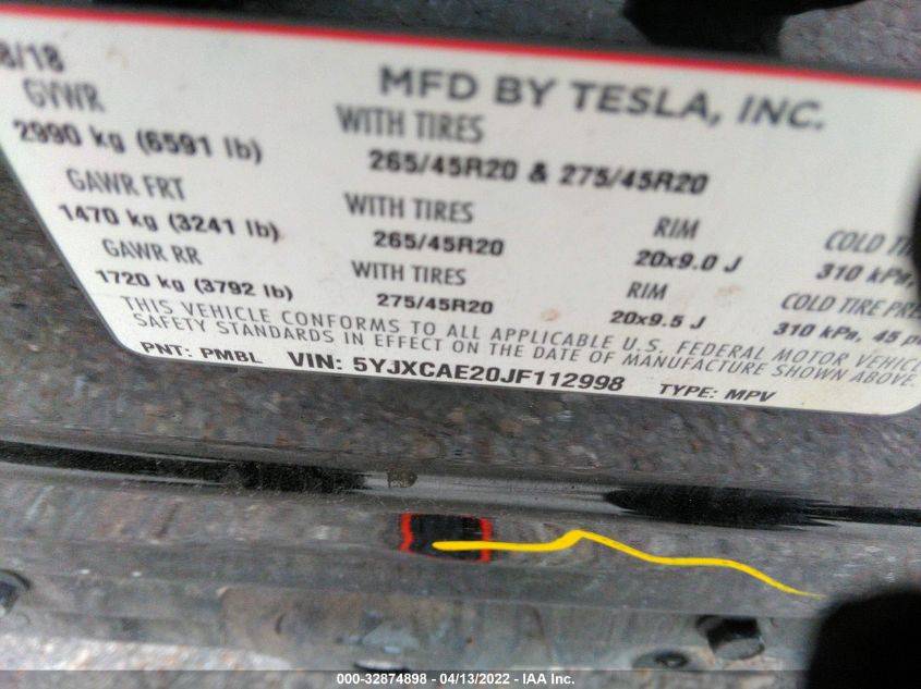 2018 TESLA MODEL X 75D/100D/P100D 5YJXCAE20JF112998