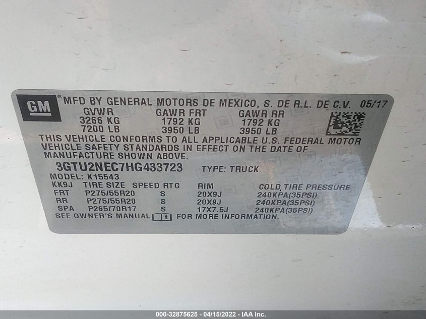 2017 GMC SIERRA 1500 SLT 3GTU2NEC7HG433723