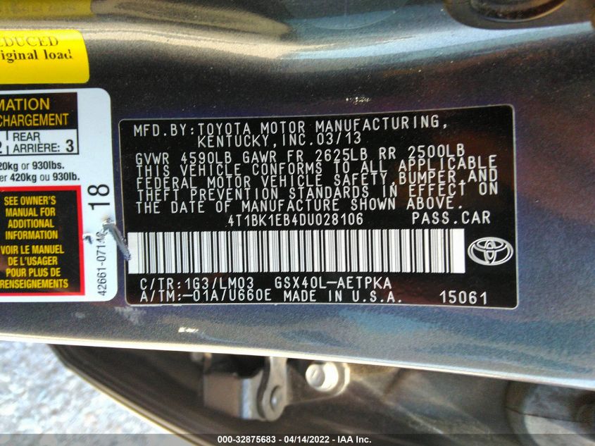 2013 TOYOTA AVALON XLE/LIMITED 4T1BK1EB4DU028106