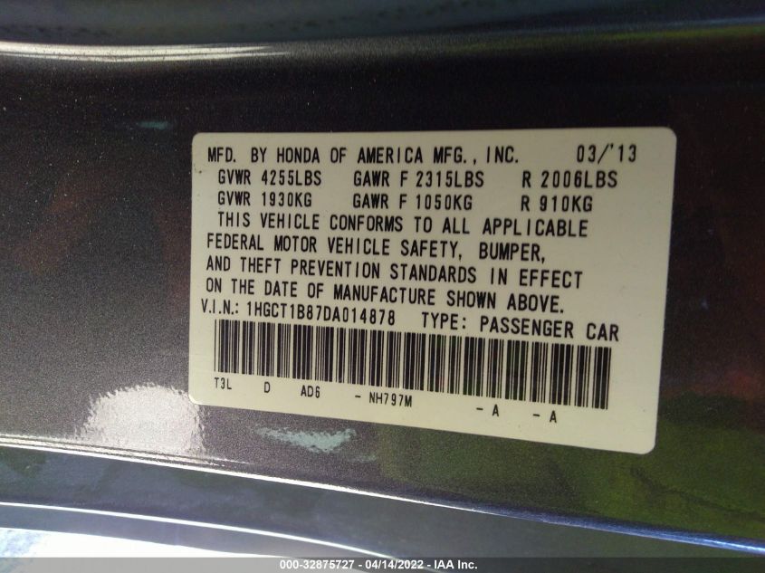 2013 HONDA ACCORD CPE EXL 1HGCT1B87DA014878