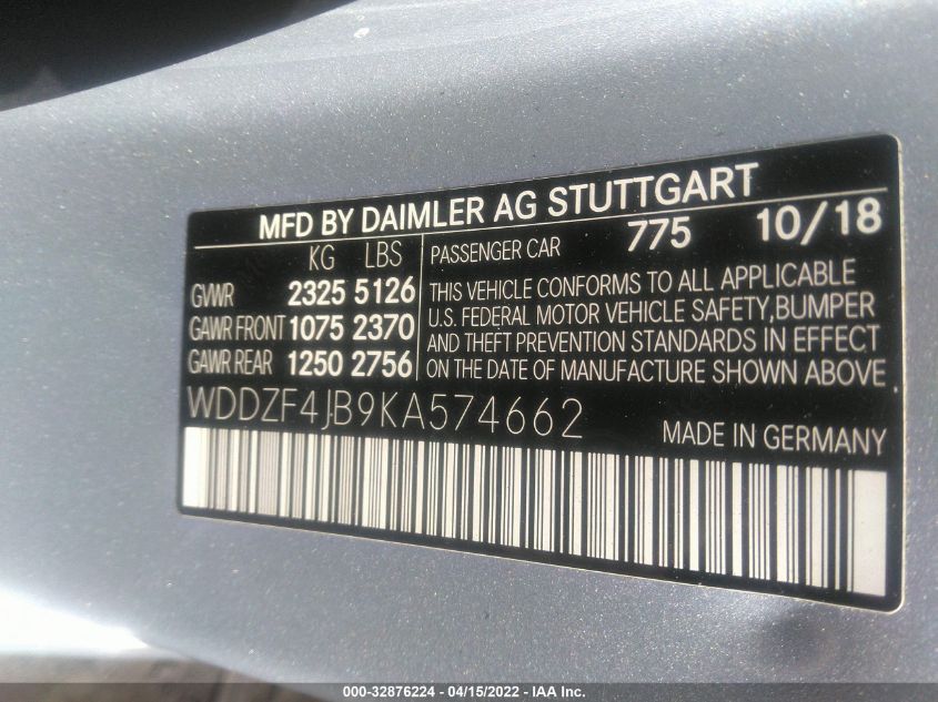 2019 MERCEDES-BENZ E-CLASS E 300 WDDZF4JB9KA574662