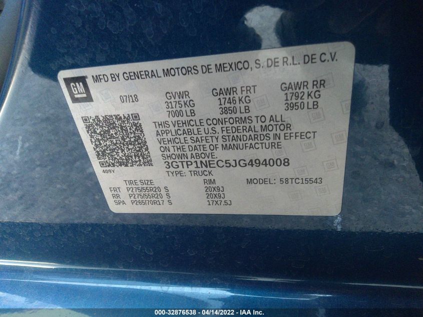 2018 GMC SIERRA 1500 SLT 3GTP1NEC5JG494008