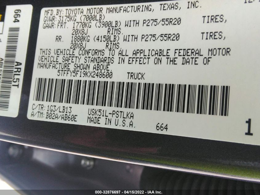 2019 TOYOTA TUNDRA 2WD SR5/LIMITED/PLATINUM 5TFFY5F19KX248600