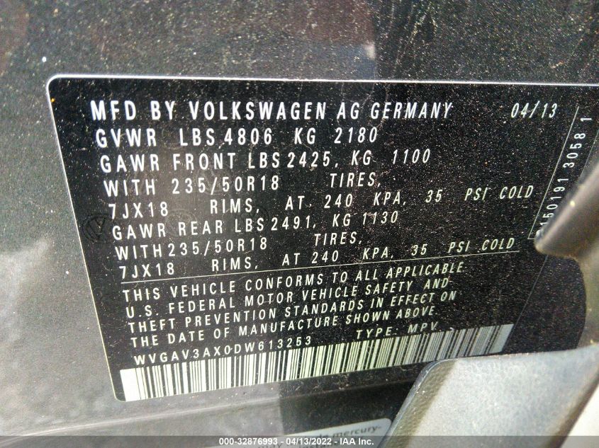 2013 VOLKSWAGEN TIGUAN SE W/SUNROOF & NAV WVGAV3AX0DW613253