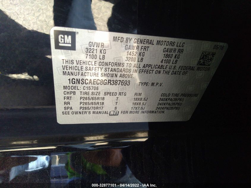 2016 CHEVROLET TAHOE LS 1GNSCAEC8GR387693