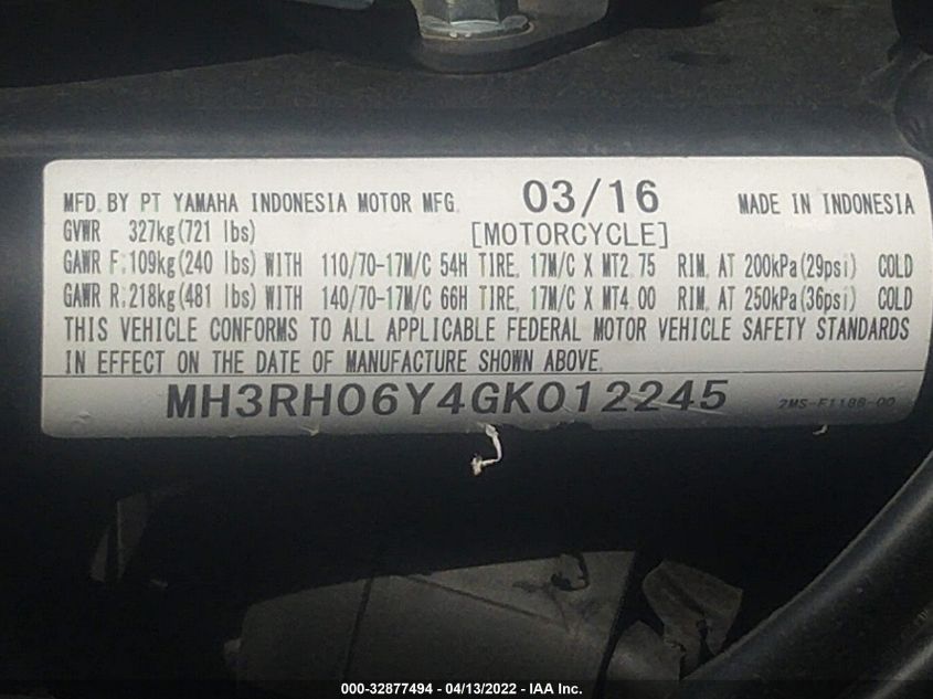 2016 YAMAHA YZFR3 MH3RH06Y4GK012245
