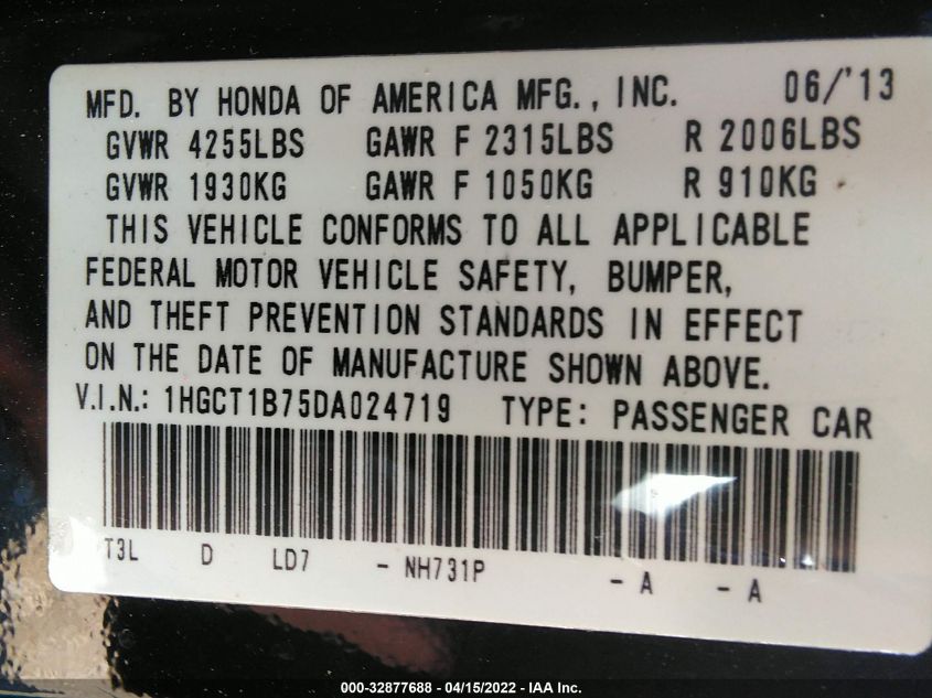 2013 HONDA ACCORD CPE EX 1HGCT1B75DA024719