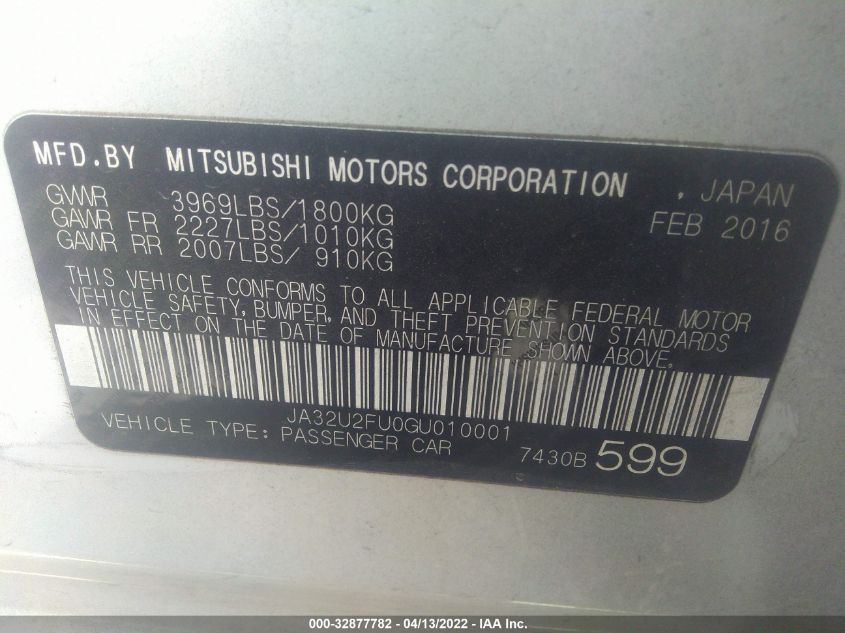 2016 MITSUBISHI LANCER ES JA32U2FU0GU010001