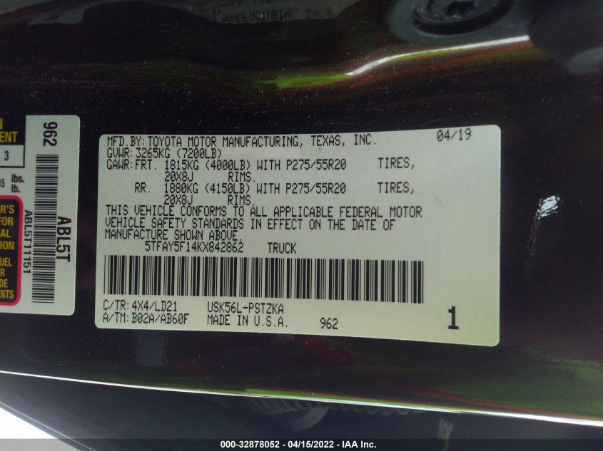 2019 TOYOTA TUNDRA 4WD SR5/LIMITED/PLATINUM 5TFAY5F14KX842862